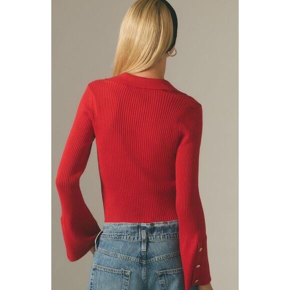 Anthropologie Maeve Polo Bell Sleeve Sweater •M• Long Ribbed Red Holiday Button - Picture 3 of 13